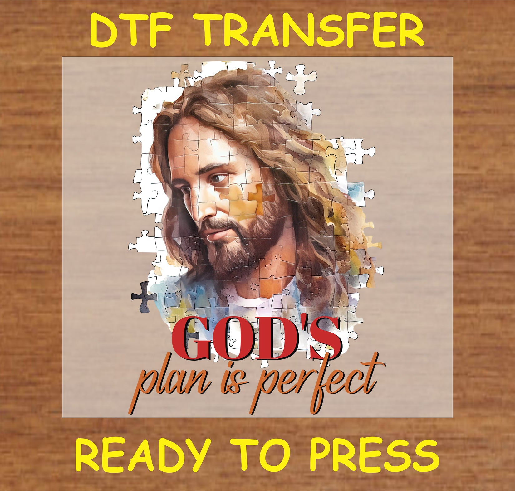 "God's Plan is Perfect DTF Transfer featuring a puzzle piece design with a portrait of Jesus"