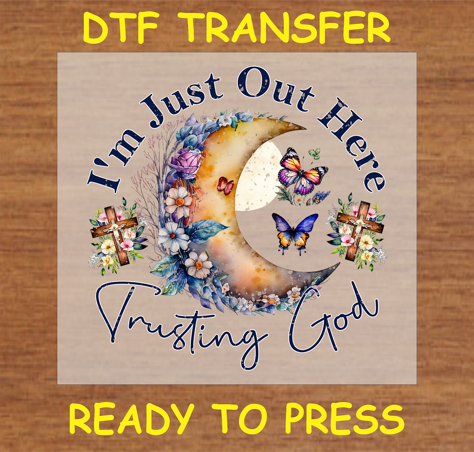 "Trusting God DTF Transfer with moon and floral design"