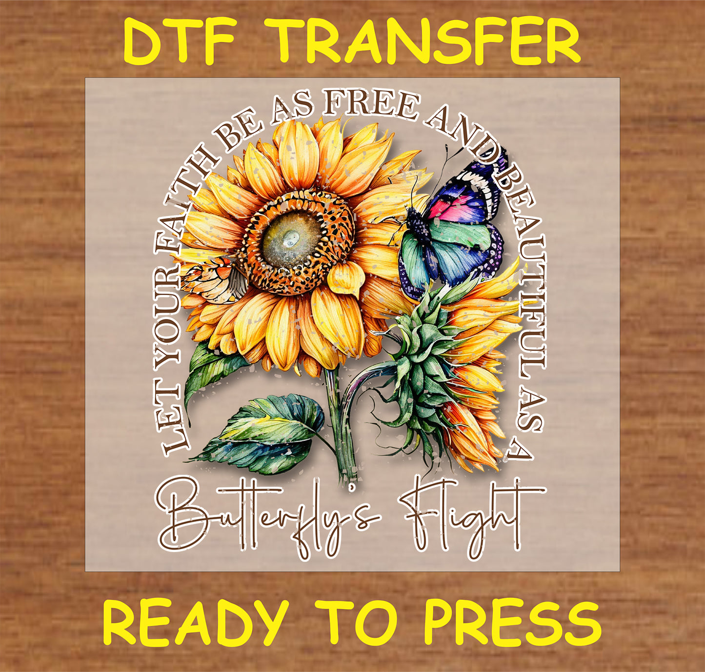 "Butterfly's Flight DTF Transfer with sunflower and butterfly design"