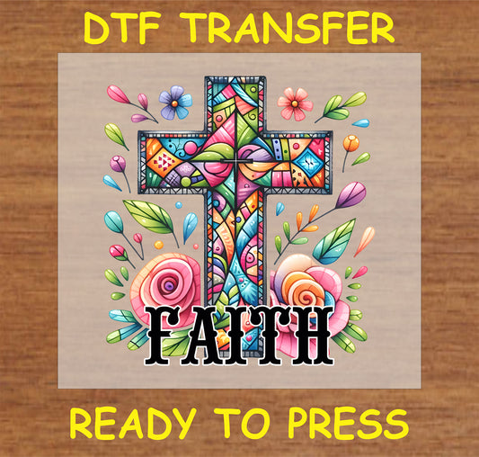 "Faith DTF Transfer featuring a colorful cross with flowers and leaves design."