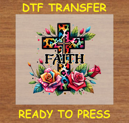 "Faith DTF Transfer featuring a colorful leopard print cross and roses design."