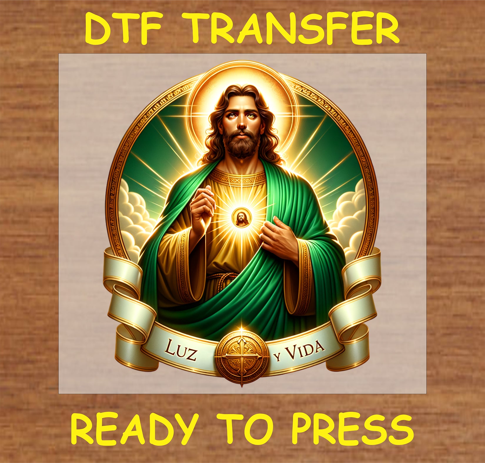 "Luz y Vida DTF Transfer with an inspirational religious design for fabric projects"