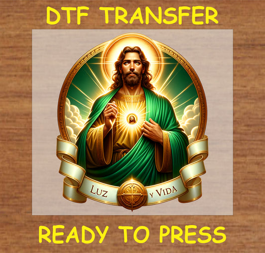 "Luz y Vida DTF Transfer with an inspirational religious design for fabric projects"