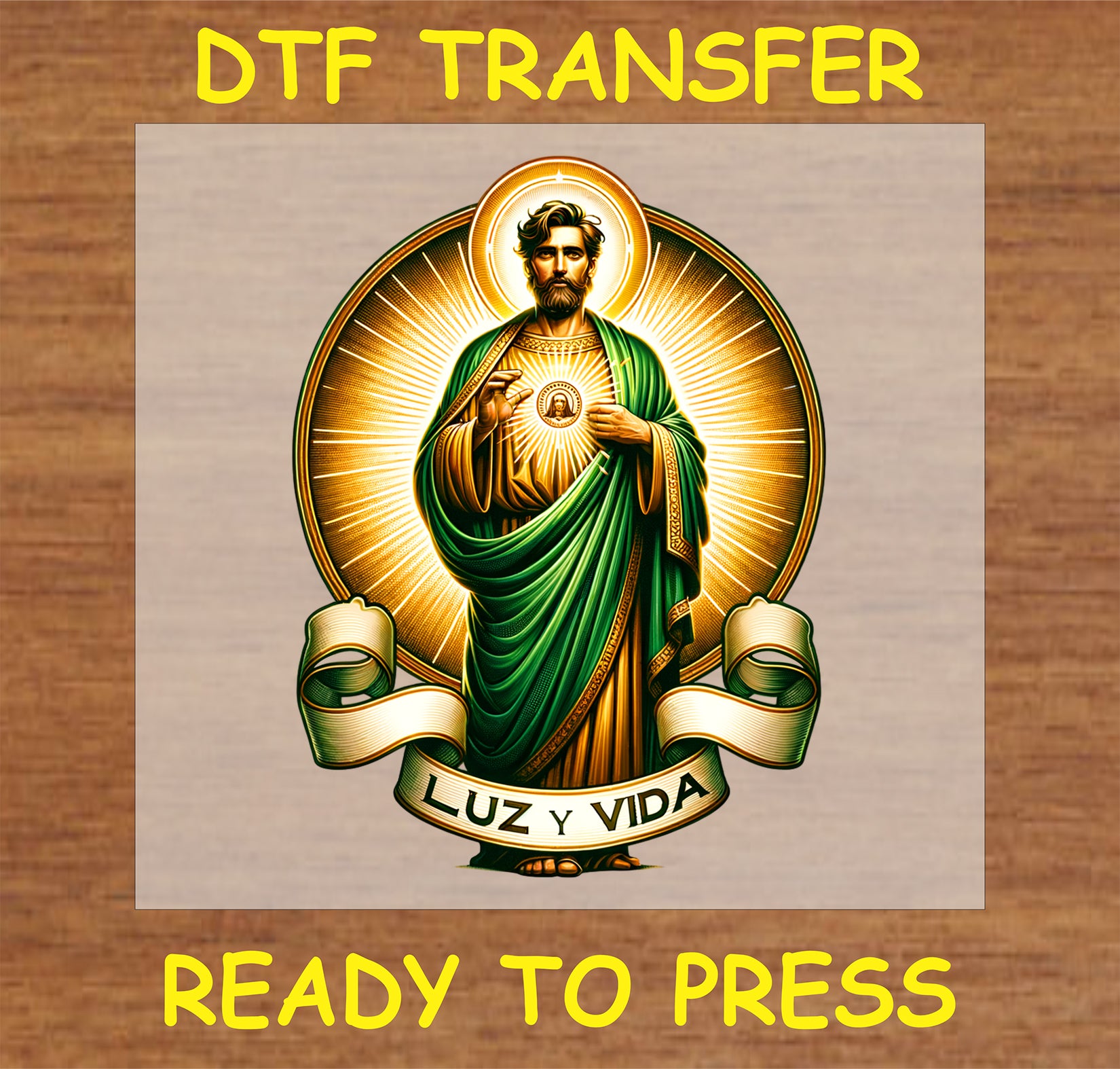 "Luz y Vida DTF Transfer with vibrant religious design for faith-inspired projects"