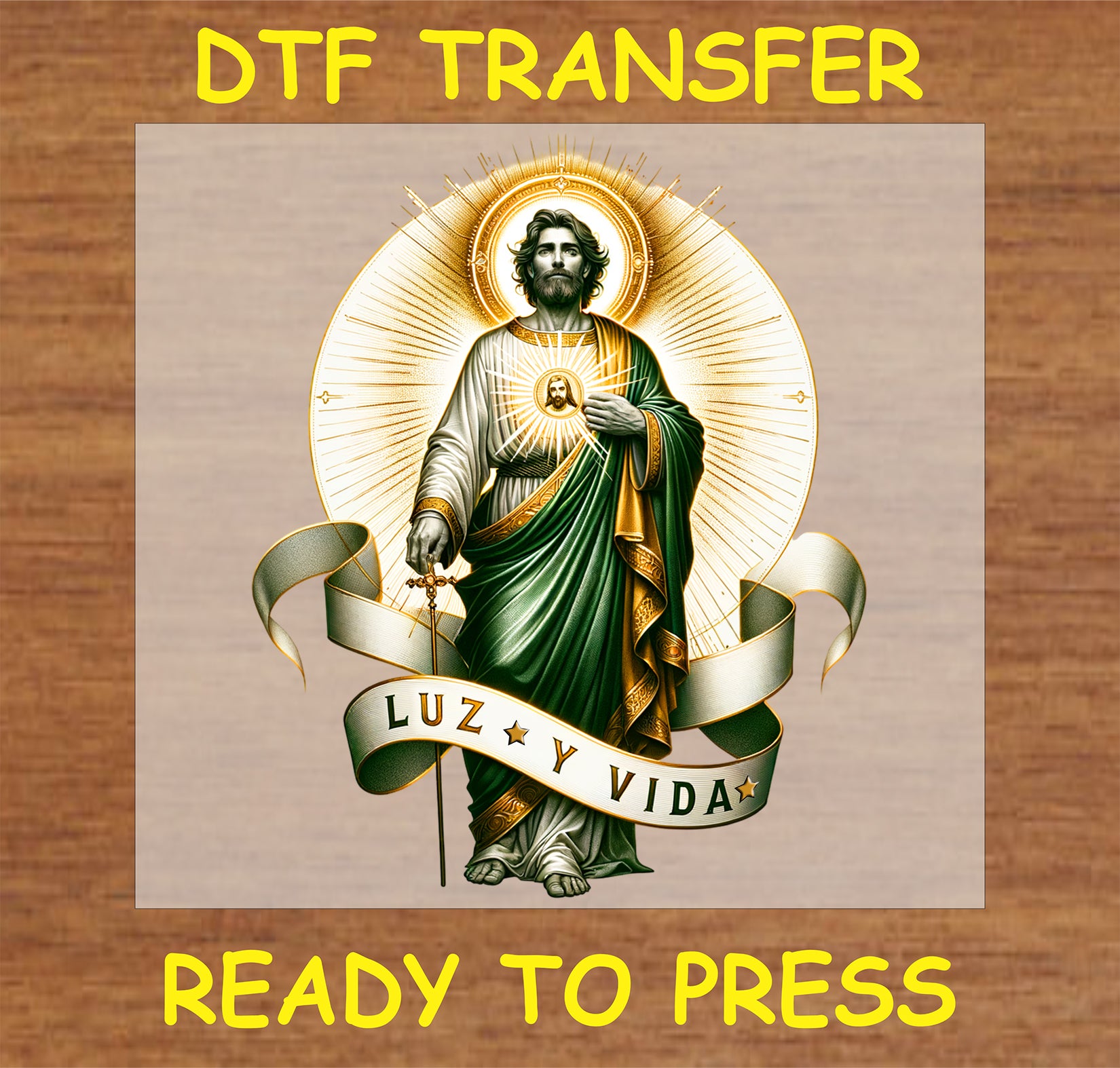 "Luz y Vida DTF Transfer featuring detailed religious imagery for custom apparel"