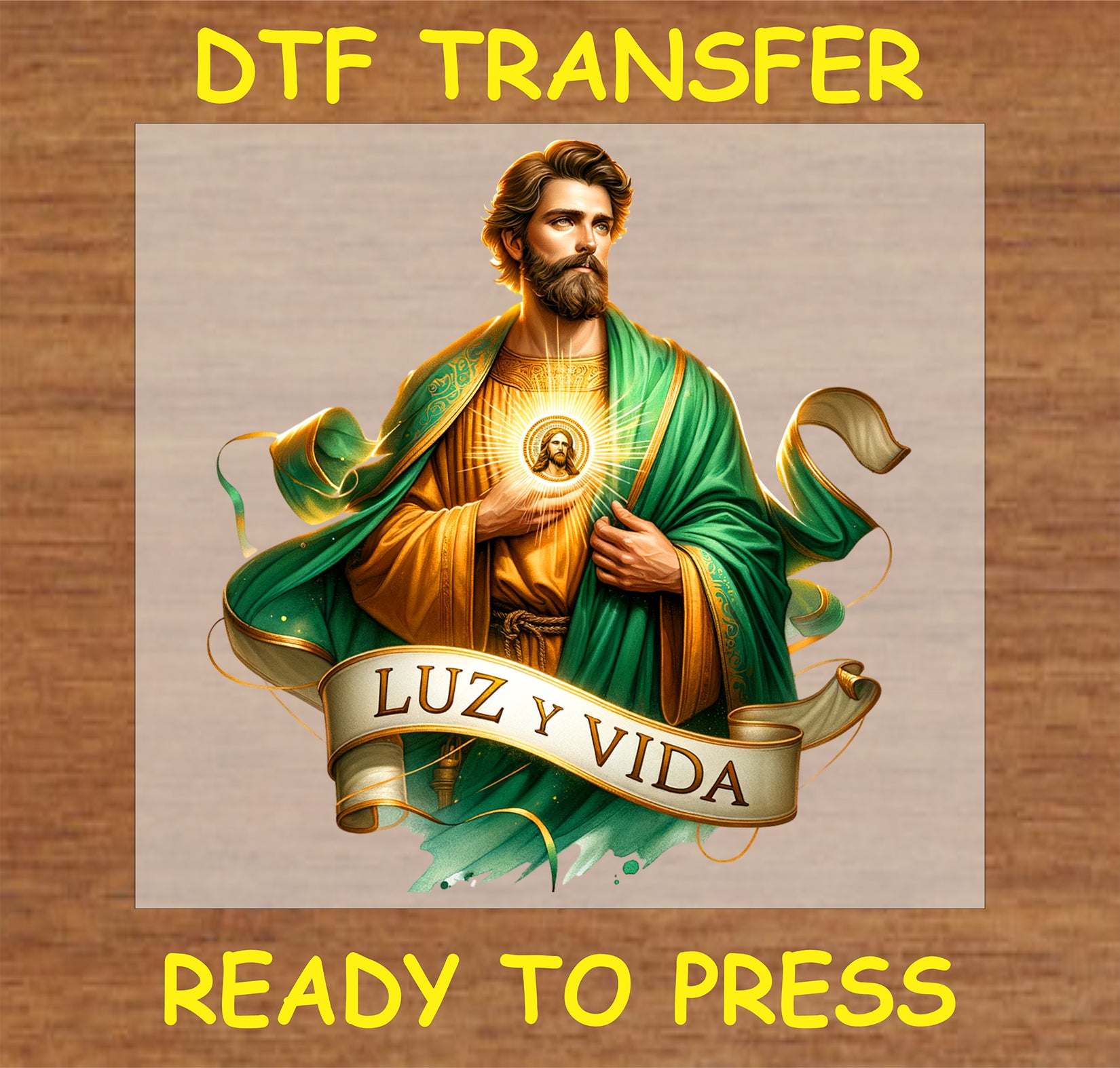 "Luz y Vida DTF Transfer featuring a radiant figure with vibrant colors for faith-based designs"