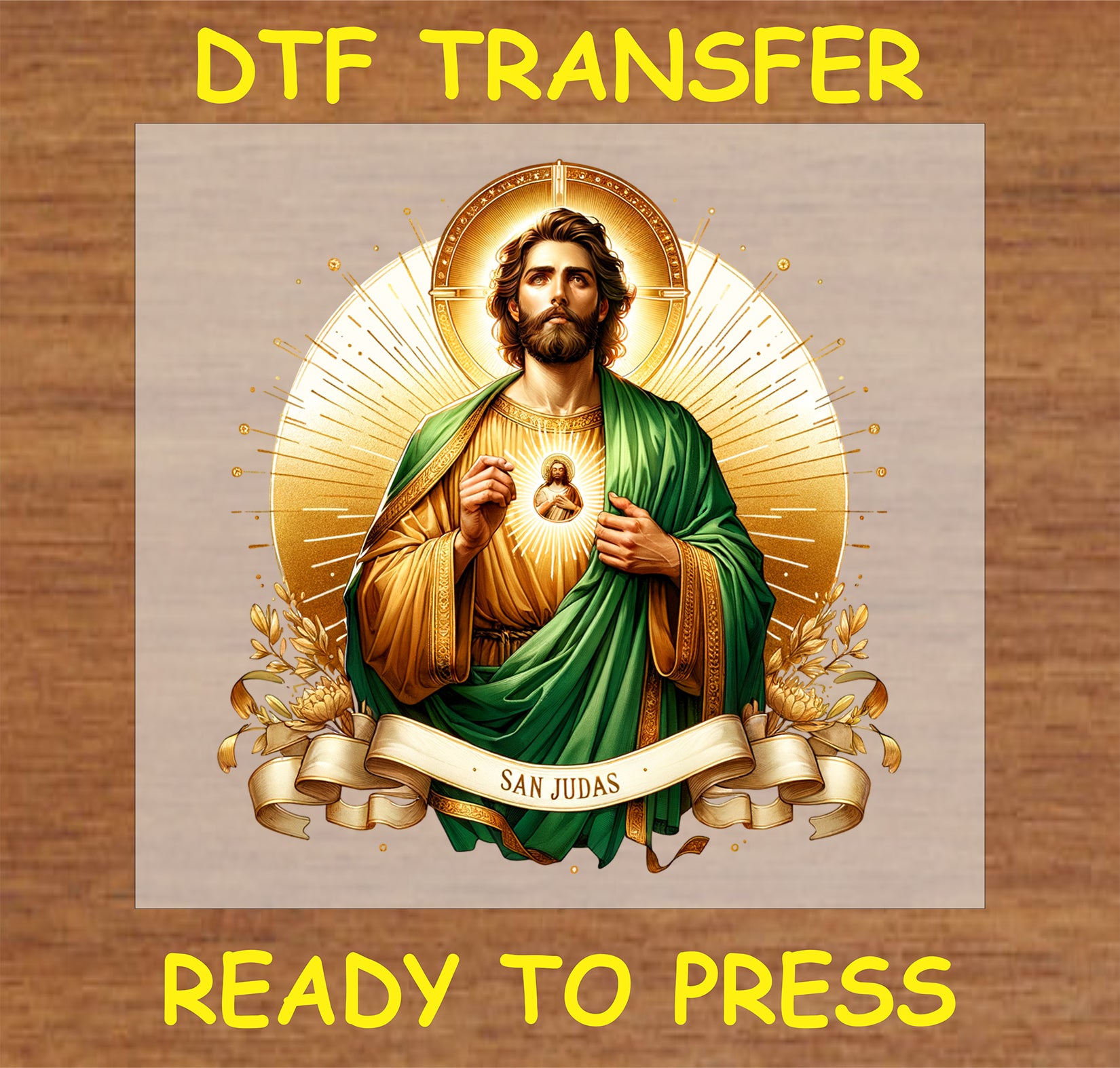 "San Judas DTF Transfer with illuminated design for religious and spiritual themes"