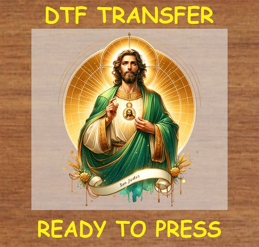 "San Judas DTF Transfer with detailed artwork and vibrant colors for faith-based apparel"