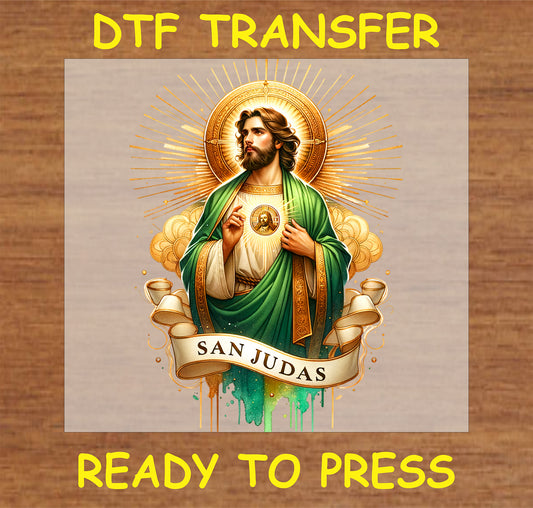 "San Judas DTF Transfer with detailed artwork and vibrant colors for faith-based apparel"