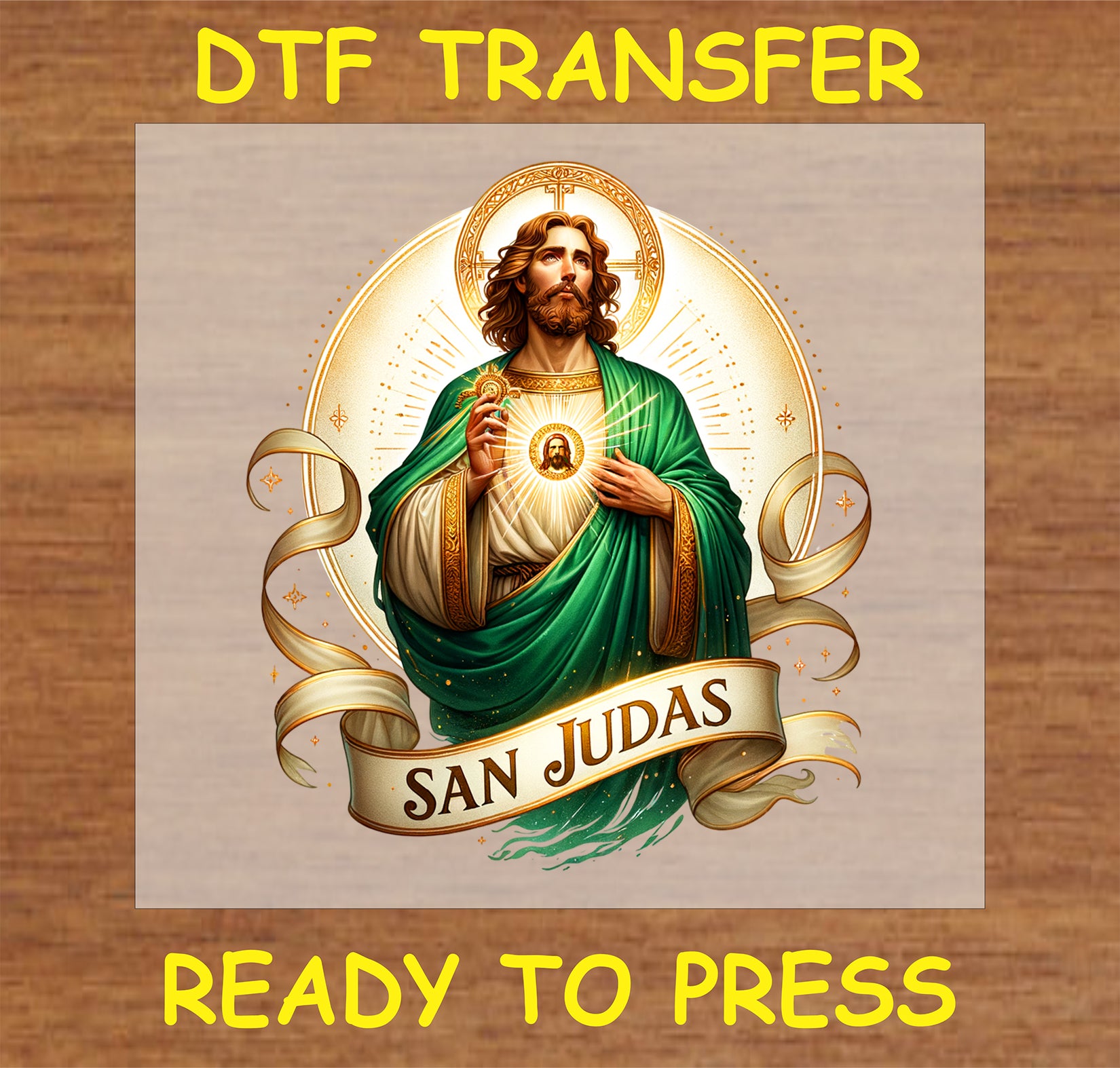 "San Judas DTF Transfer with vibrant design and inspirational religious imagery"