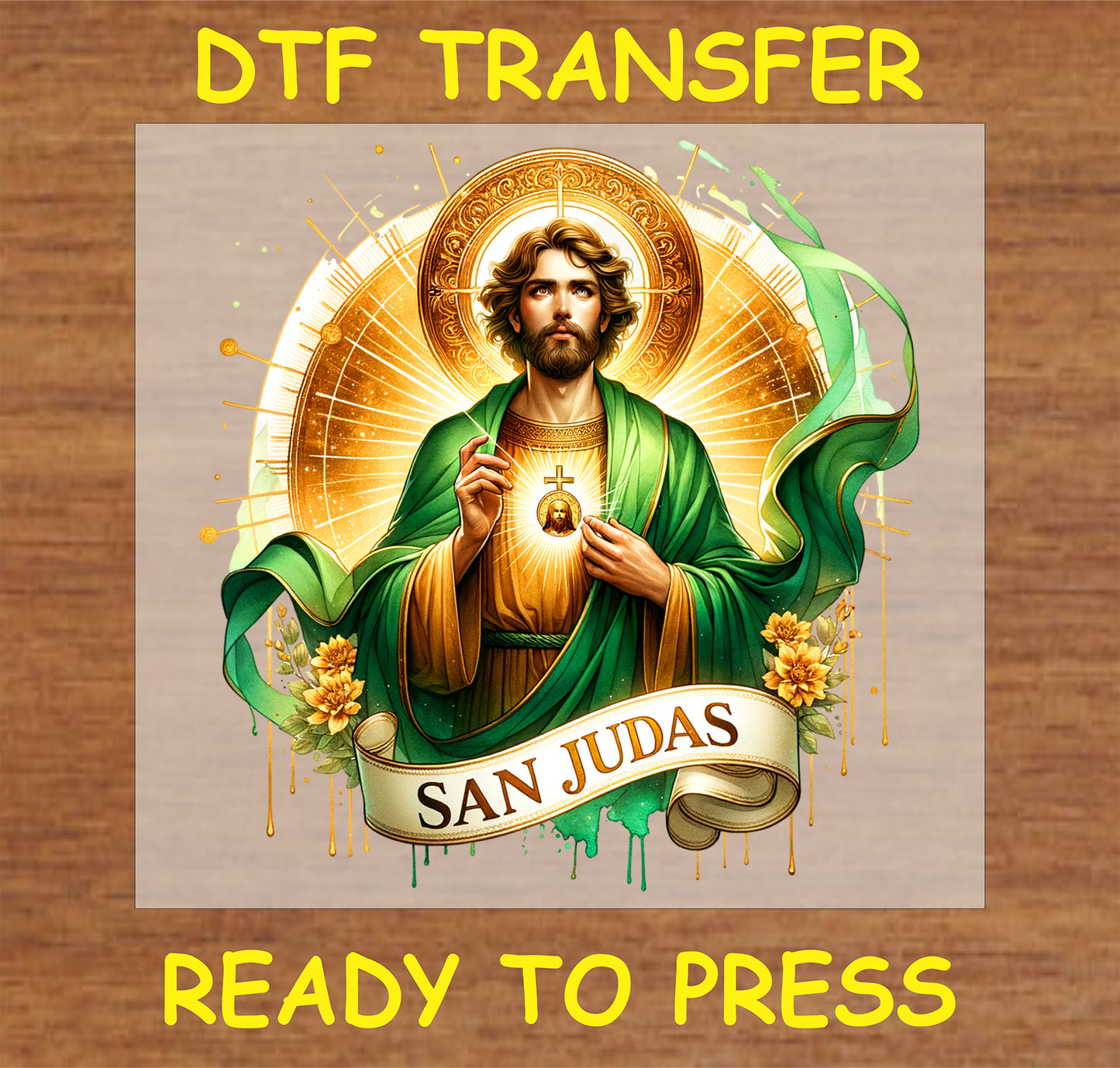 "San Judas DTF Transfer with vibrant colors and inspirational design"