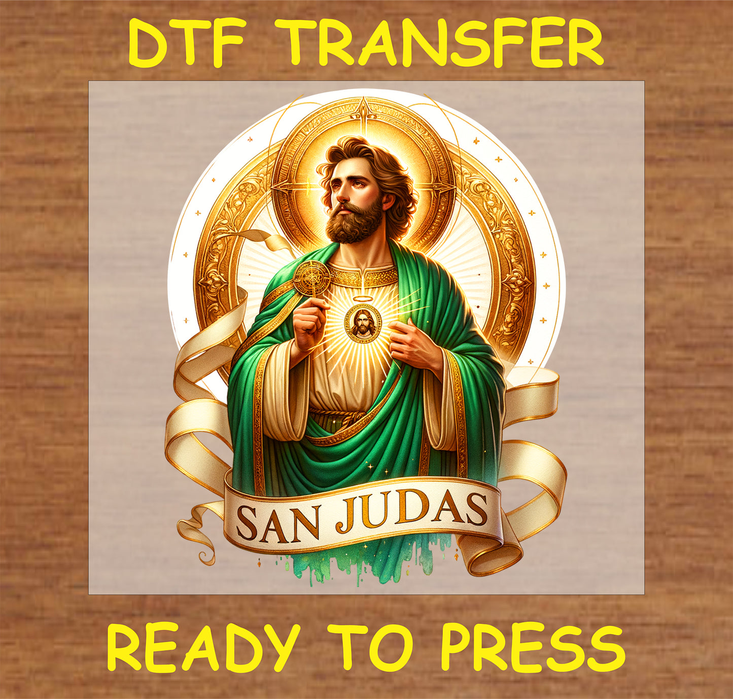 "San Judas DTF Transfer featuring a colorful religious design with the words 'SAN JUDAS'"