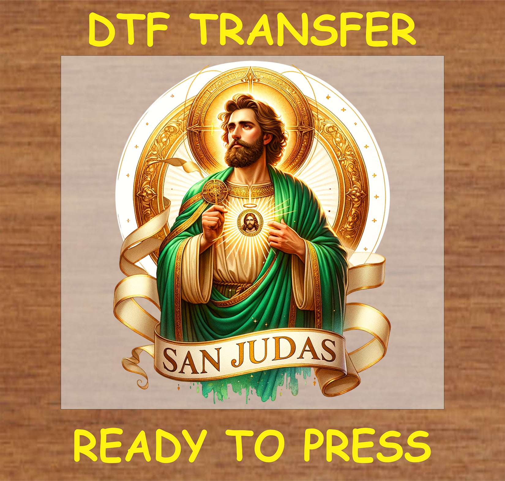 "San Judas DTF Transfer featuring a colorful religious design with the words 'SAN JUDAS'"