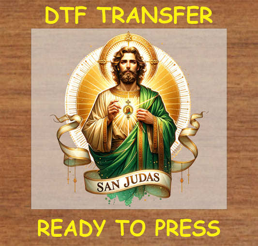 "San Judas DTF Transfer featuring a colorful religious design perfect for fabric projects."