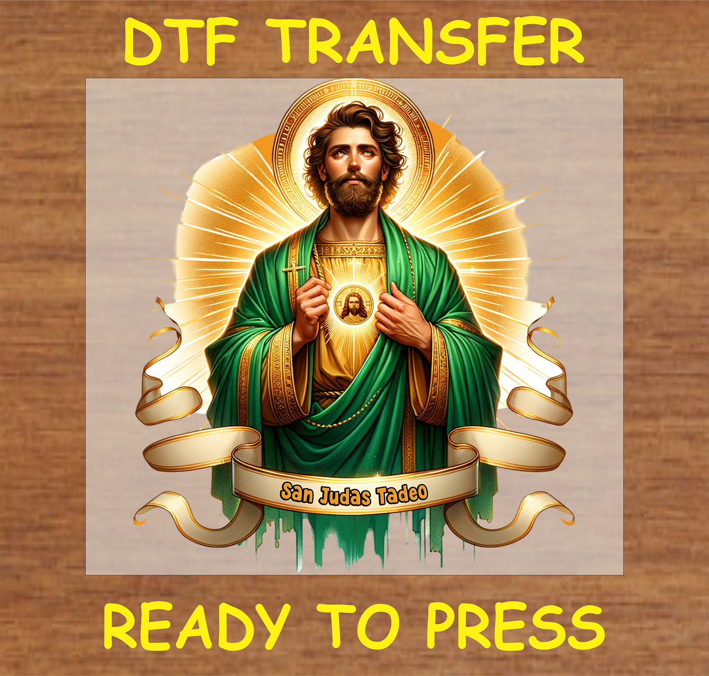 "San Judas Tadeo DTF Transfer featuring a vibrant design for religious apparel"