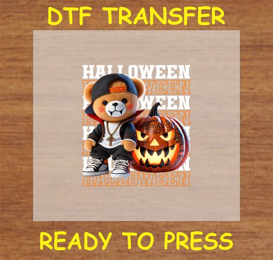 "Halloween DTF transfer featuring a streetwear bear character and a spooky pumpkin design"