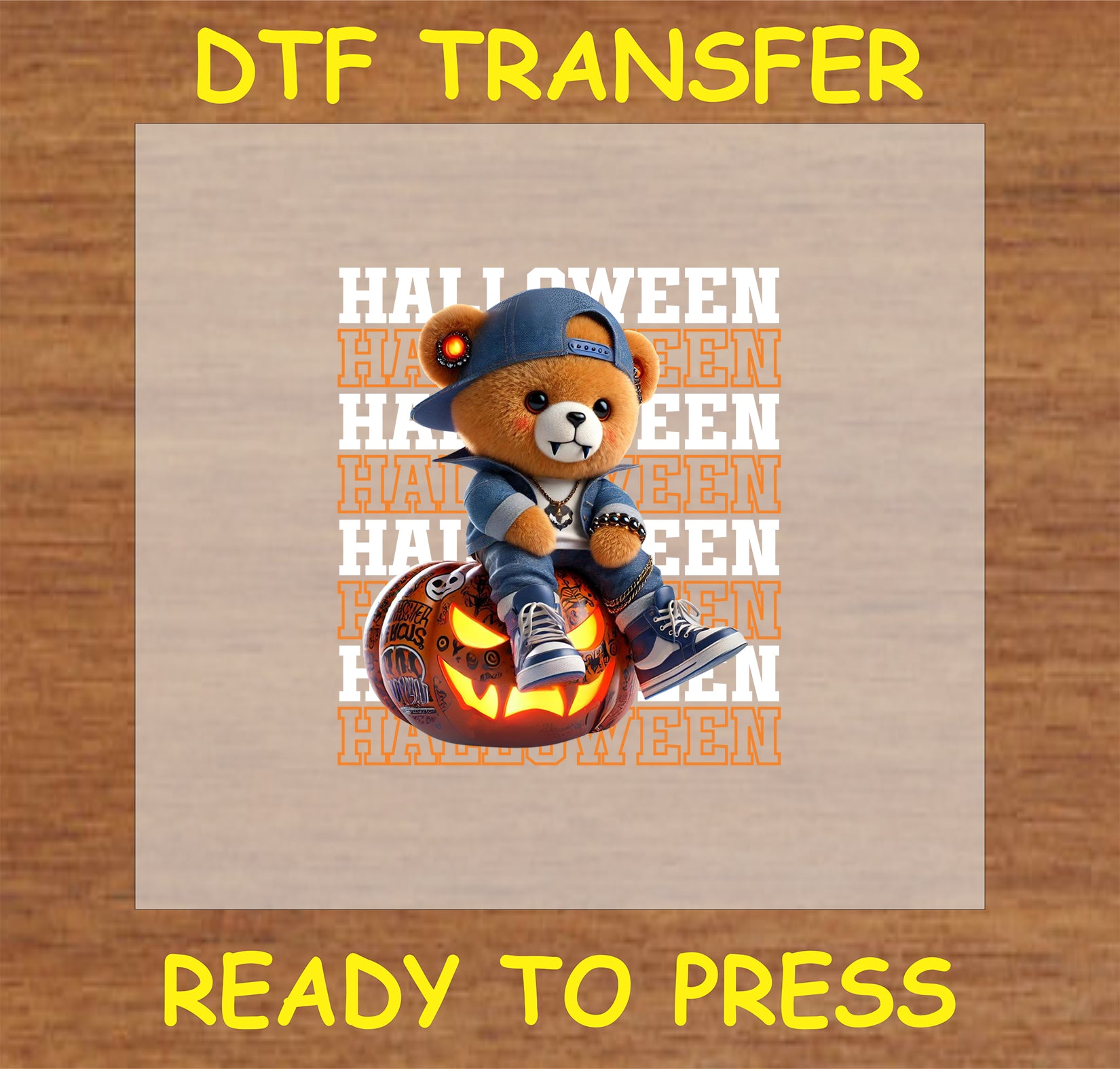 "Halloween Bear Streetwear DTF Transfer with a bear in a cap on a pumpkin surrounded by Halloween text."