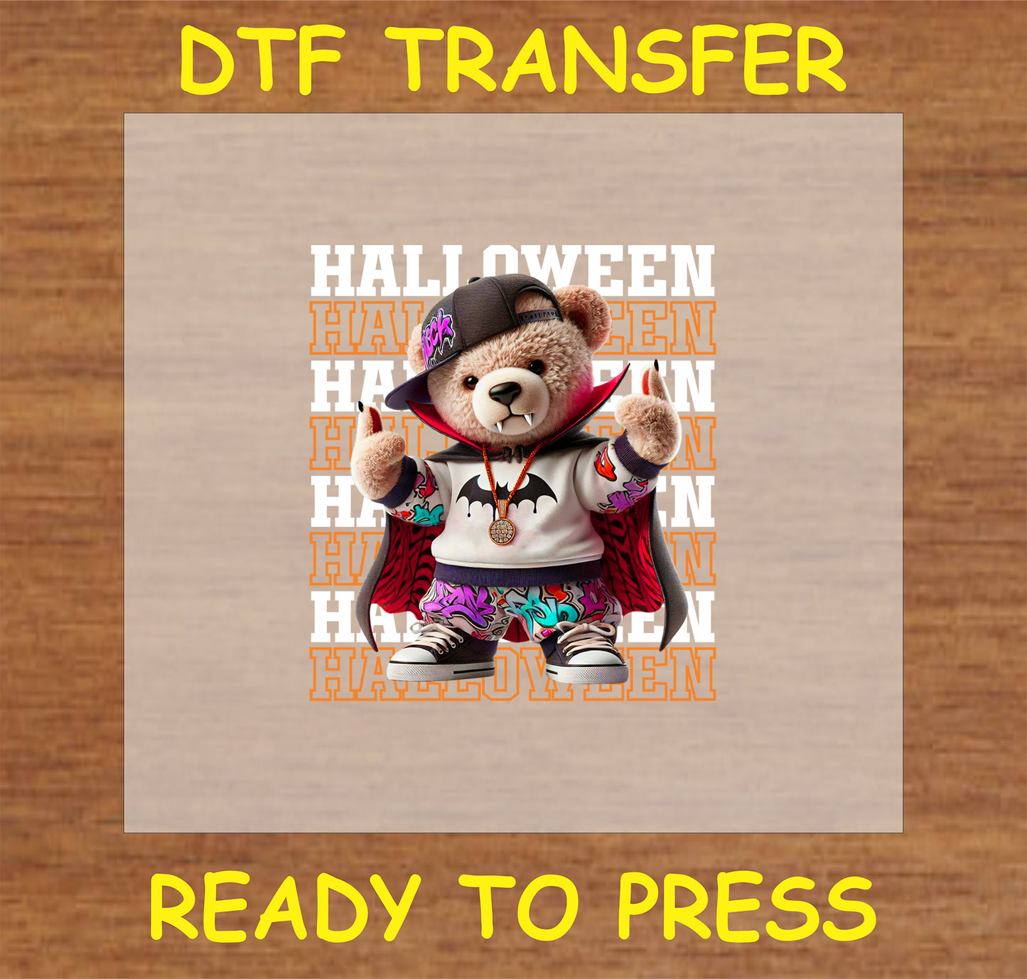 "Streetwear Halloween Bear DTF Transfer featuring a stylish bear and pumpkin design for Halloween"