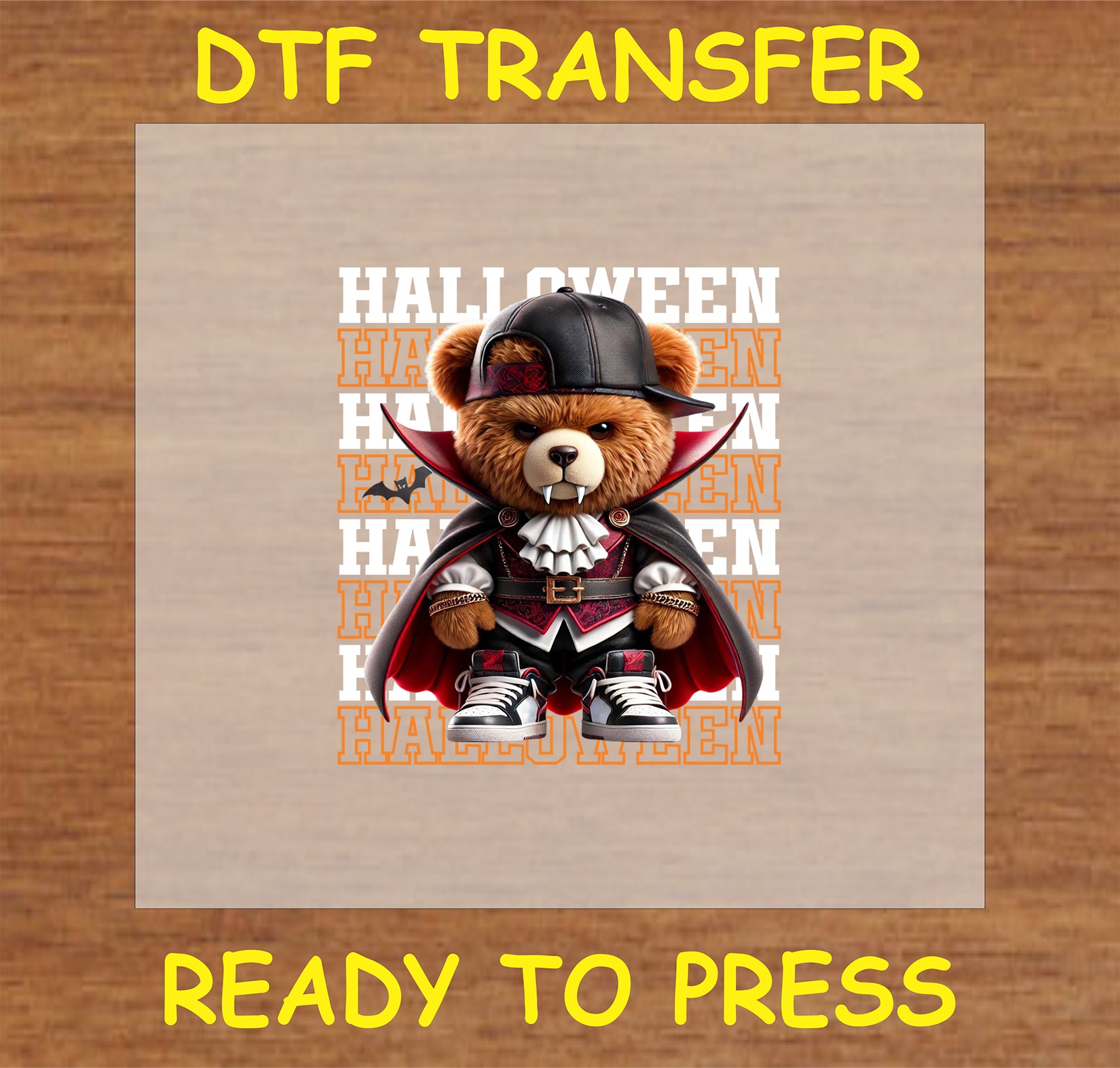 "Halloween DTF Transfer featuring a streetwear bear with a pumpkin design"