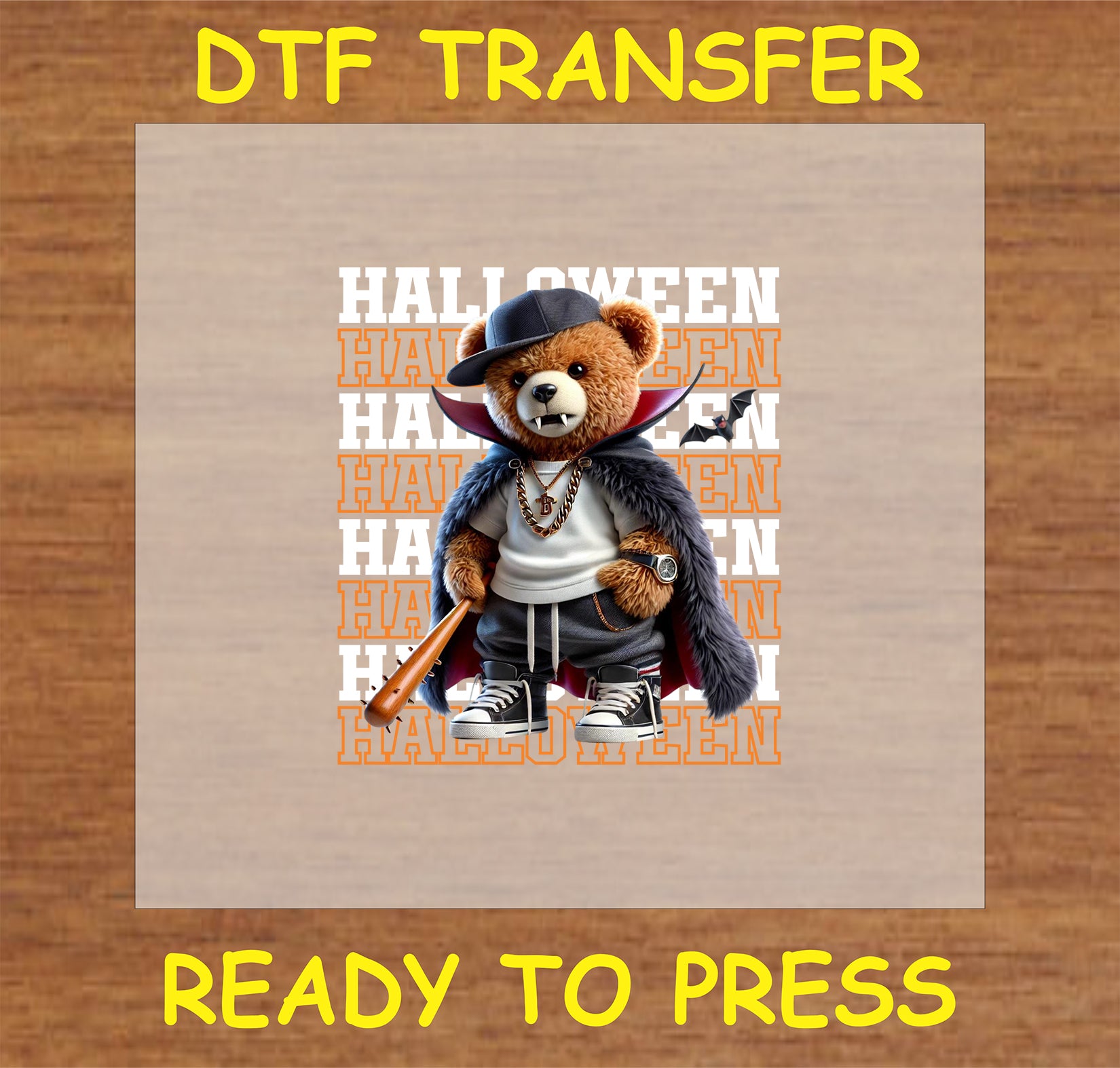 "Halloween Bear Streetwear DTF Transfer with a bear in trendy clothes and a pumpkin"