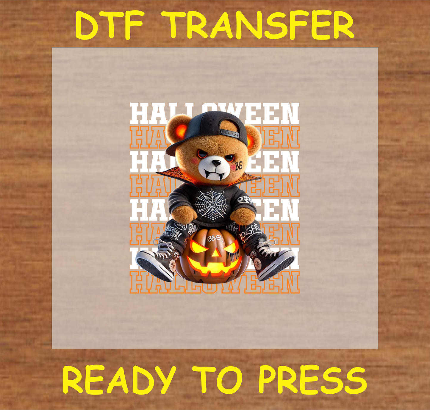 "Halloween bear streetwear DTF transfer with a bear character and jack-o'-lantern design"