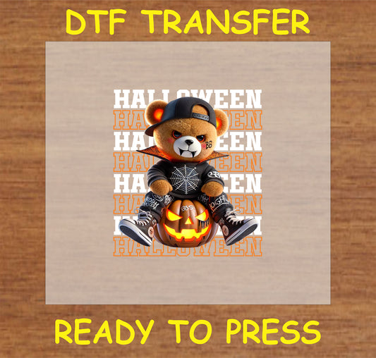 "Halloween bear streetwear DTF transfer with a bear character and jack-o'-lantern design"