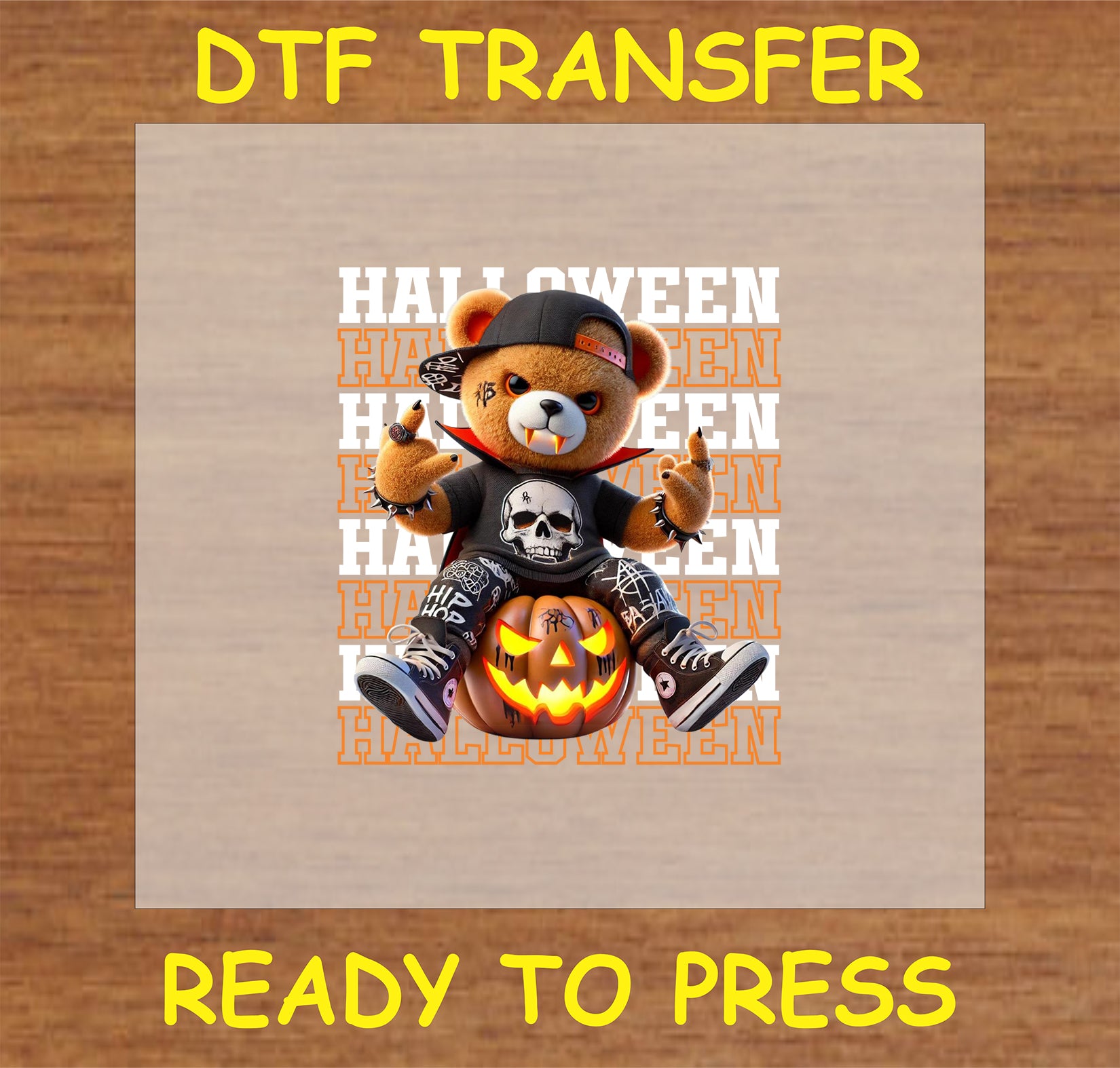 "Halloween Bear Streetwear DTF Transfer featuring a bear in a cap with a jack-o-lantern"