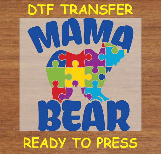 "Mama Bear DTF Transfer with a colorful puzzle piece bear design for autism awareness"