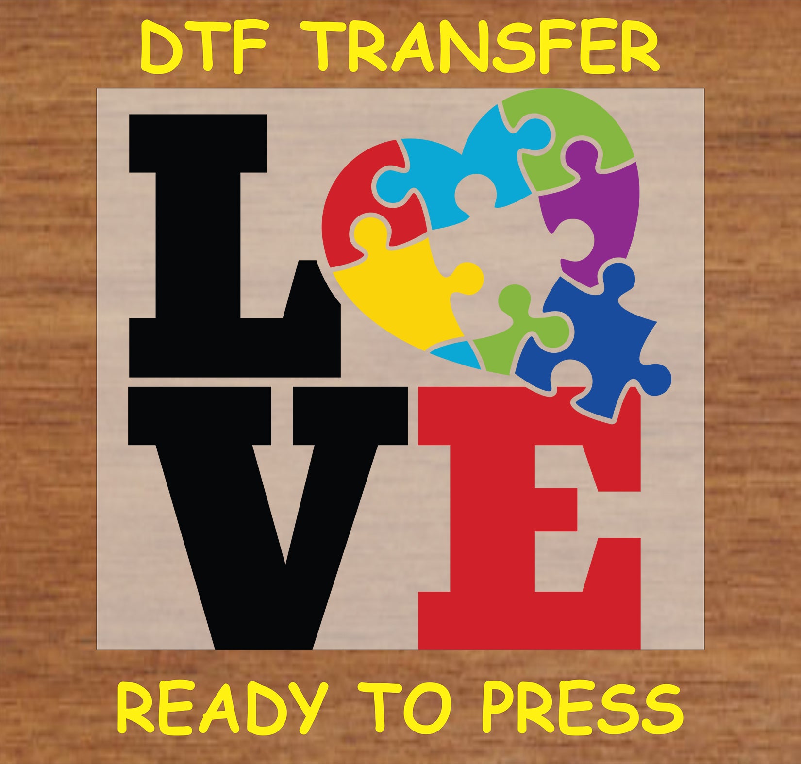 "Colorful LOVE Puzzle Heart DTF Transfer for autism awareness"