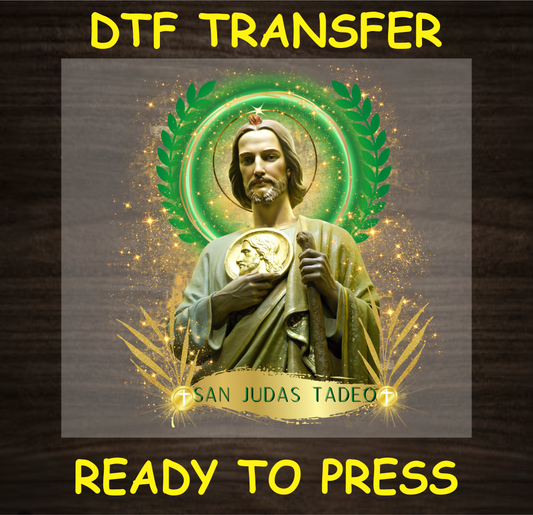 San Judas Tadeo DTF transfer featuring a detailed religious design with a halo and green accents.