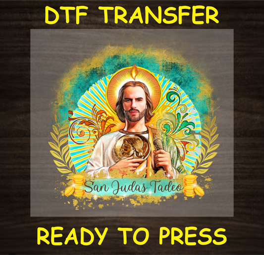 San Judas Tadeo DTF transfer with gold accents and vibrant colors for custom religious apparel.