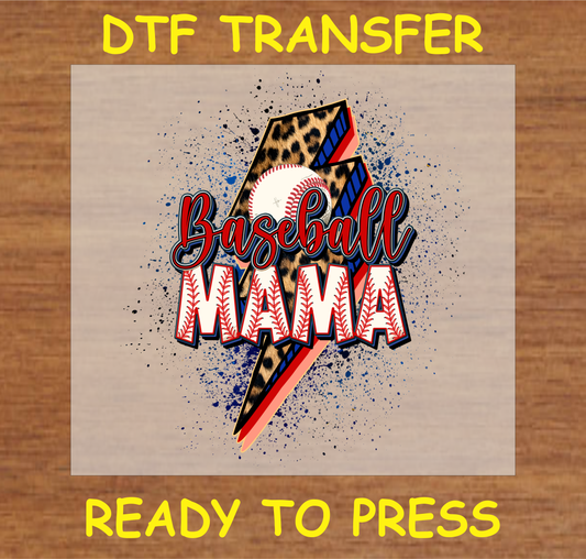 DTF transfer featuring the text 'Baseball MAMA' with a leopard pattern, lightning bolt, and baseball stitches.