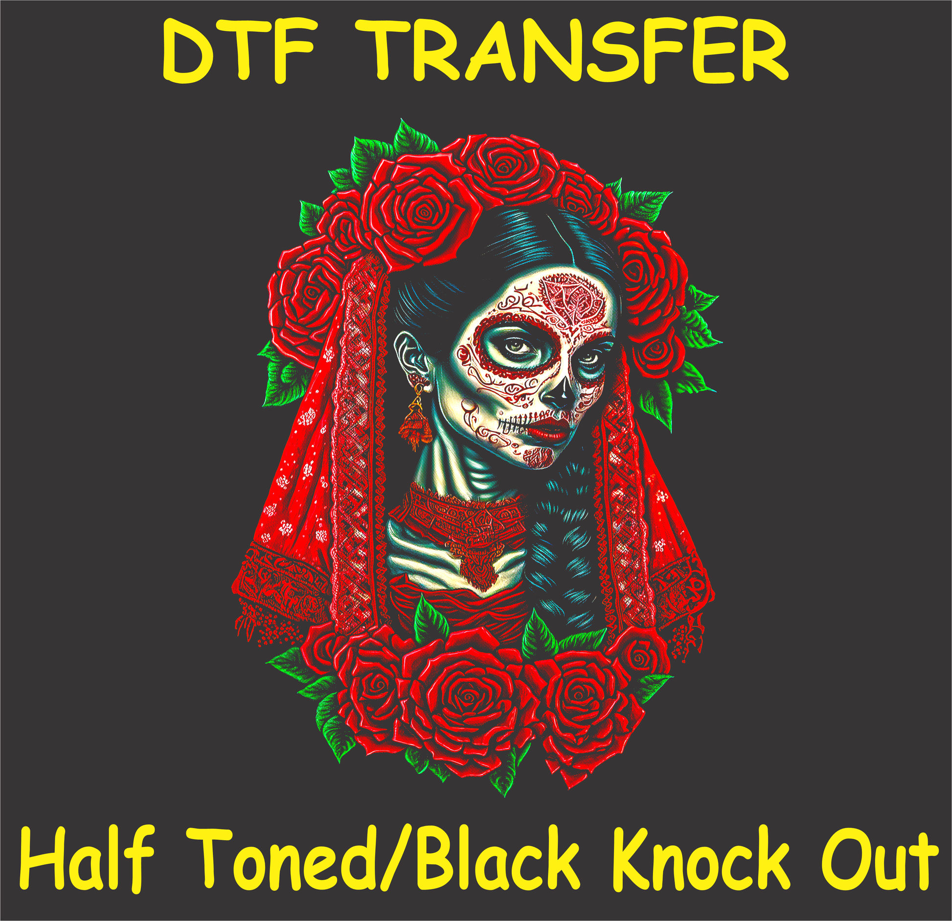 Sugar skull DTF transfer with red roses and lace accents on a black background