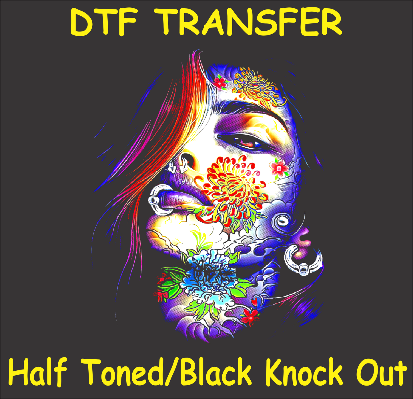 Colorful floral design DTF transfer featuring a woman's face adorned with intricate flower patterns on a black background