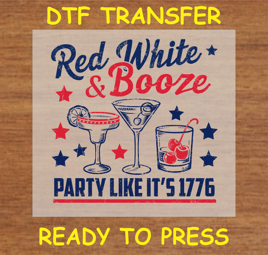 Red, White & Booze DTF transfer with cocktail designs, ready to press