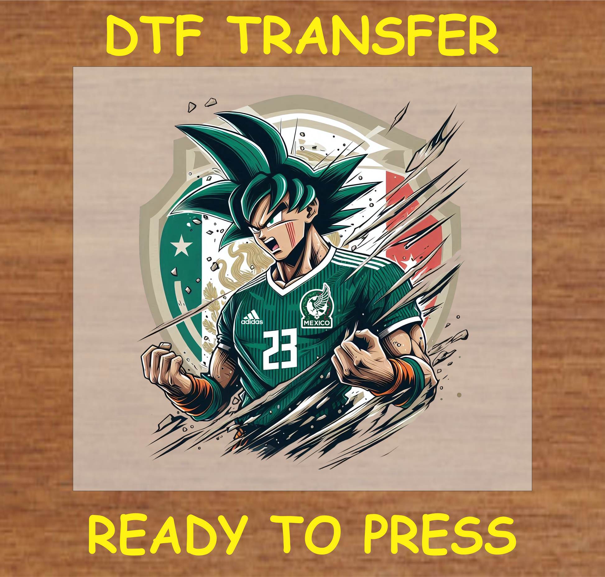 Anime-style character in Mexico football jersey DTF transfer, ready to press