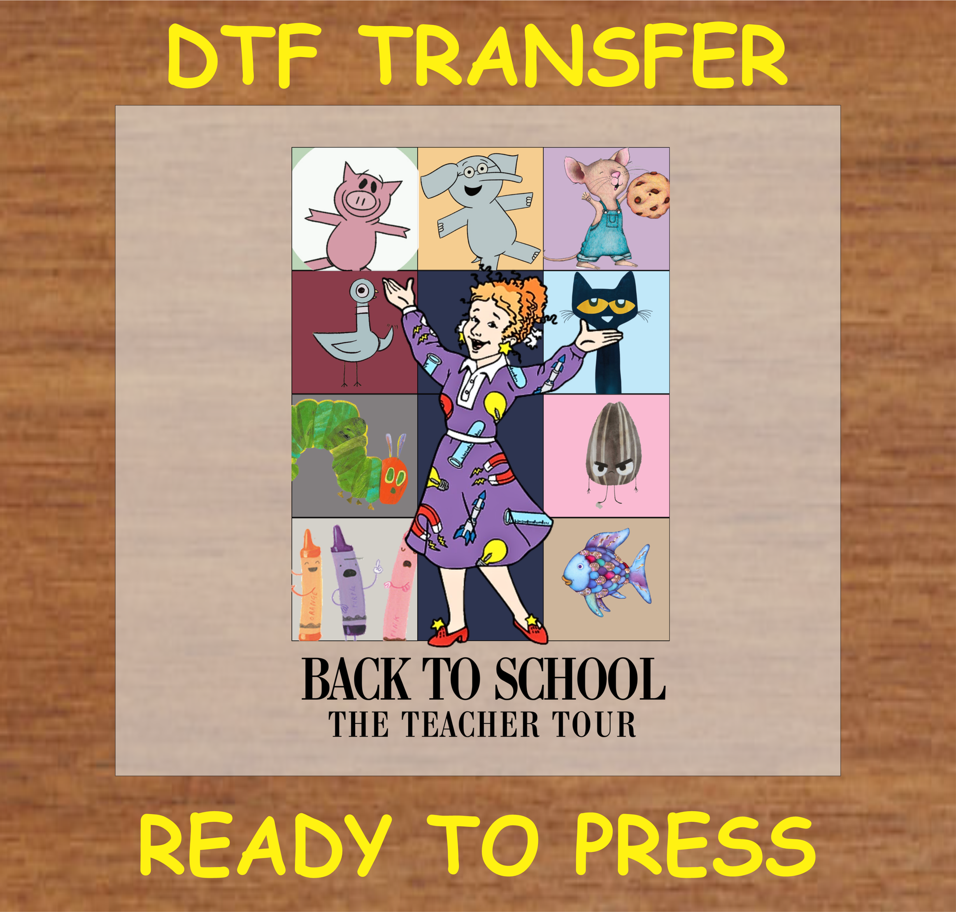 Back to School: The Teacher Tour DTF transfer with a colorful teacher and classroom-themed elements, ready to press

