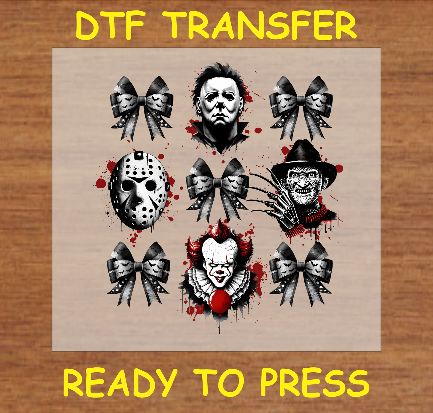 Horror movie icons with black bows DTF transfer, ready to press

