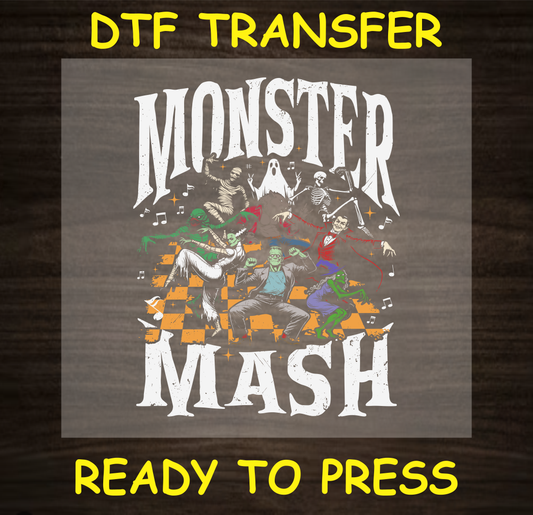 Monster Mash DTF transfer featuring classic monsters dancing, ready to press
