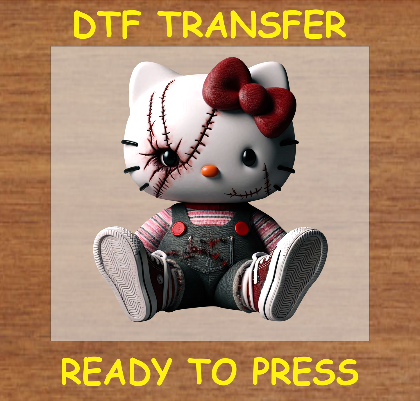 Zombie Kitty DTF transfer with stitched details, ready to press

