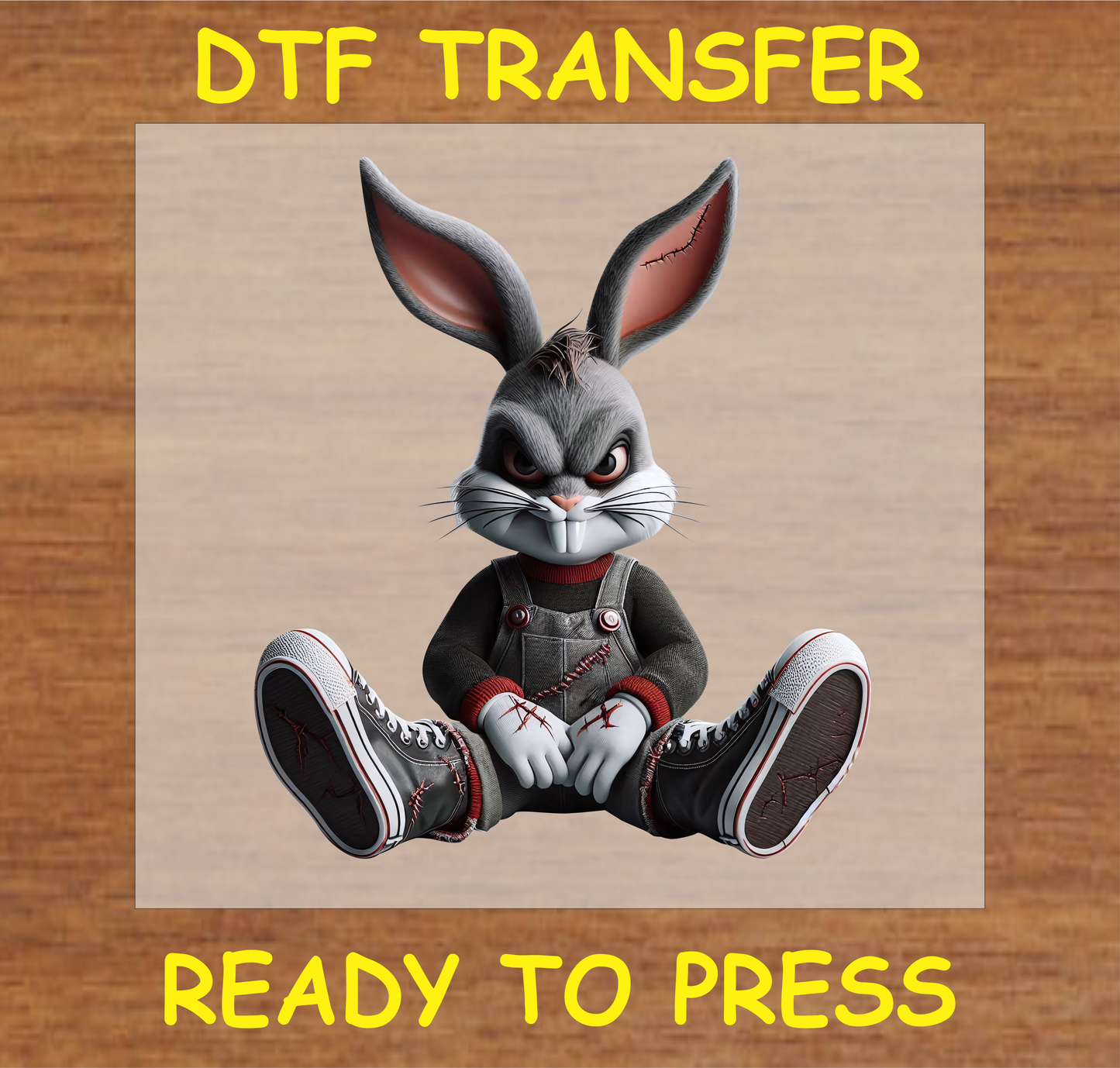 Zombie Bunny DTF transfer with stitched details, ready to press

