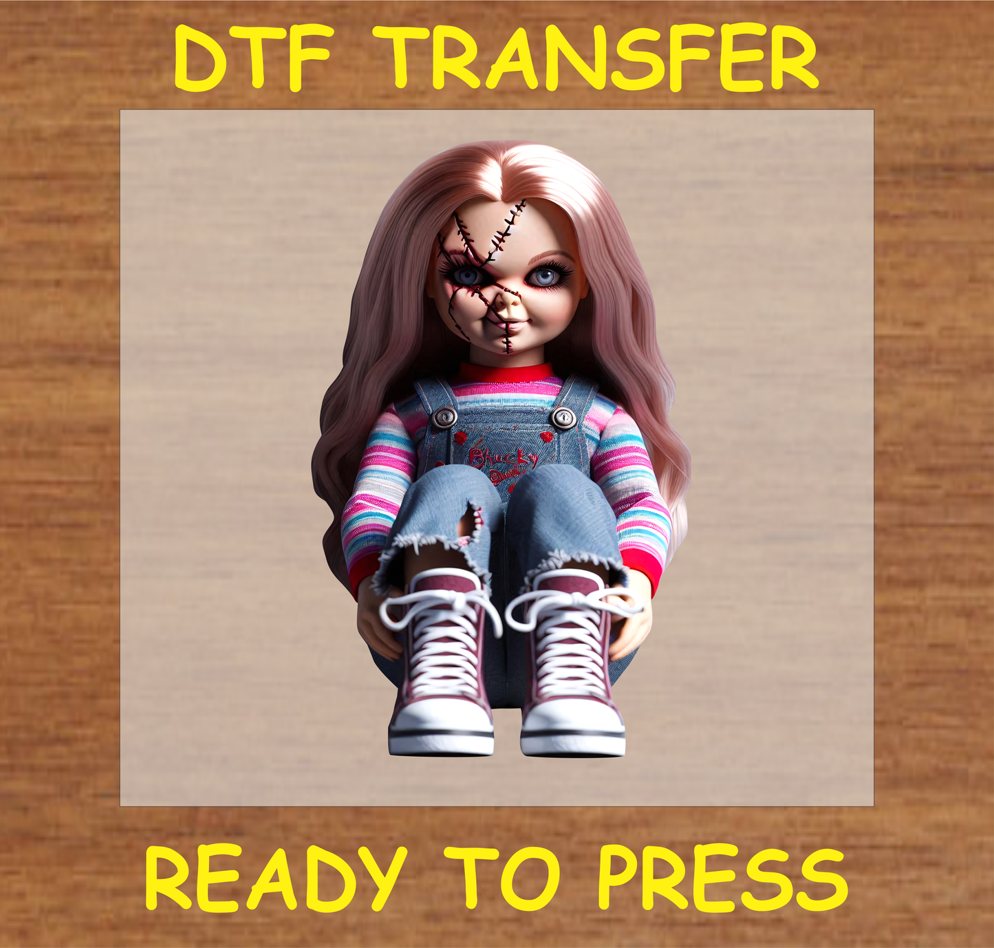 Zombie Doll DTF transfer with stitched details, ready to press
