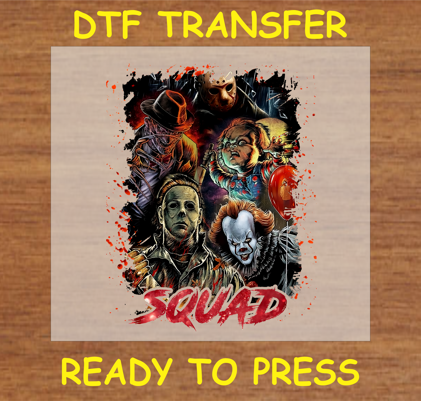 Squad DTF transfer with a group of iconic horror characters, ready to press

