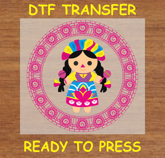 Traditional Mexican doll DTF transfer with vibrant colors and decorative circle ready to press