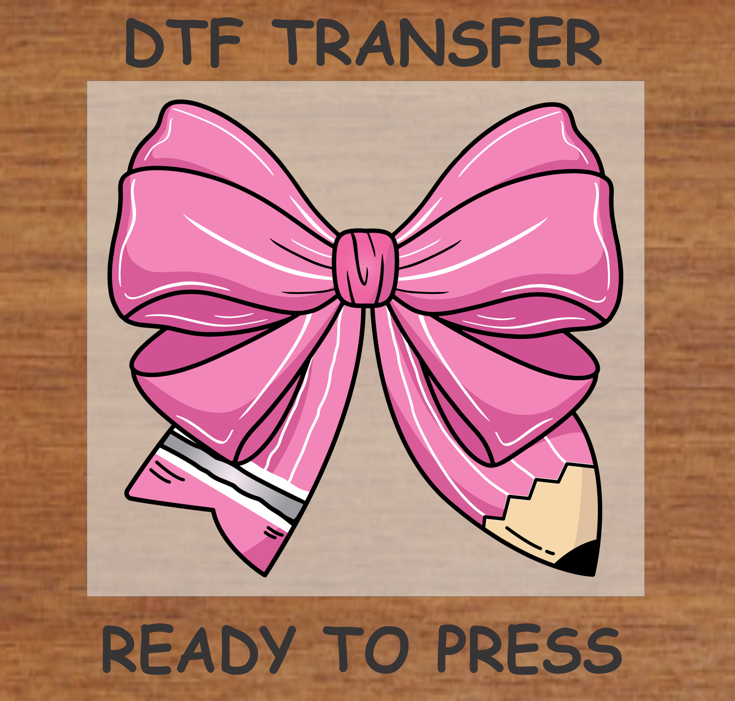 Pink bow with pencil design DTF transfer, ready to press.