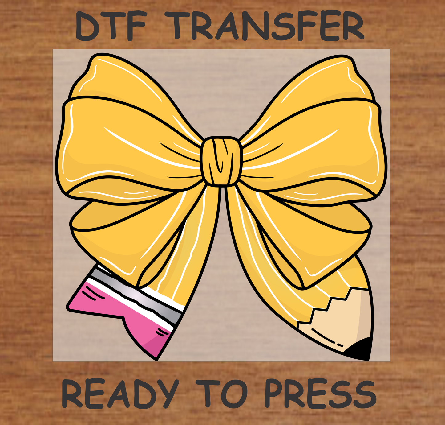 Yellow bow with pencil design DTF transfer, ready to press