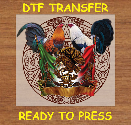 "Mexican Heritage DTF Transfer featuring roosters and the Mexican flag design for cultural apparel"