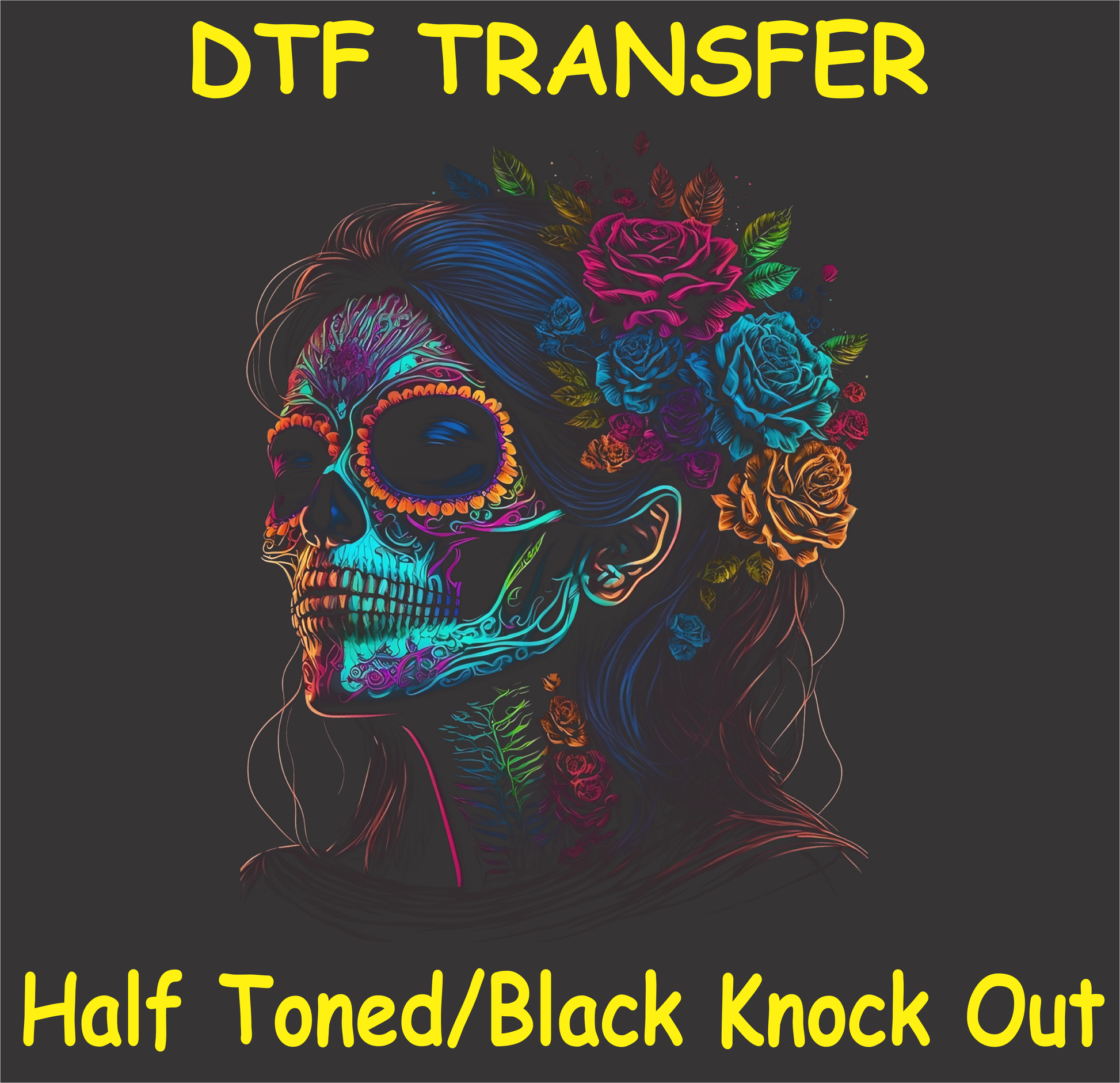 Neon sugar skull DTF transfer with floral accents on a black background