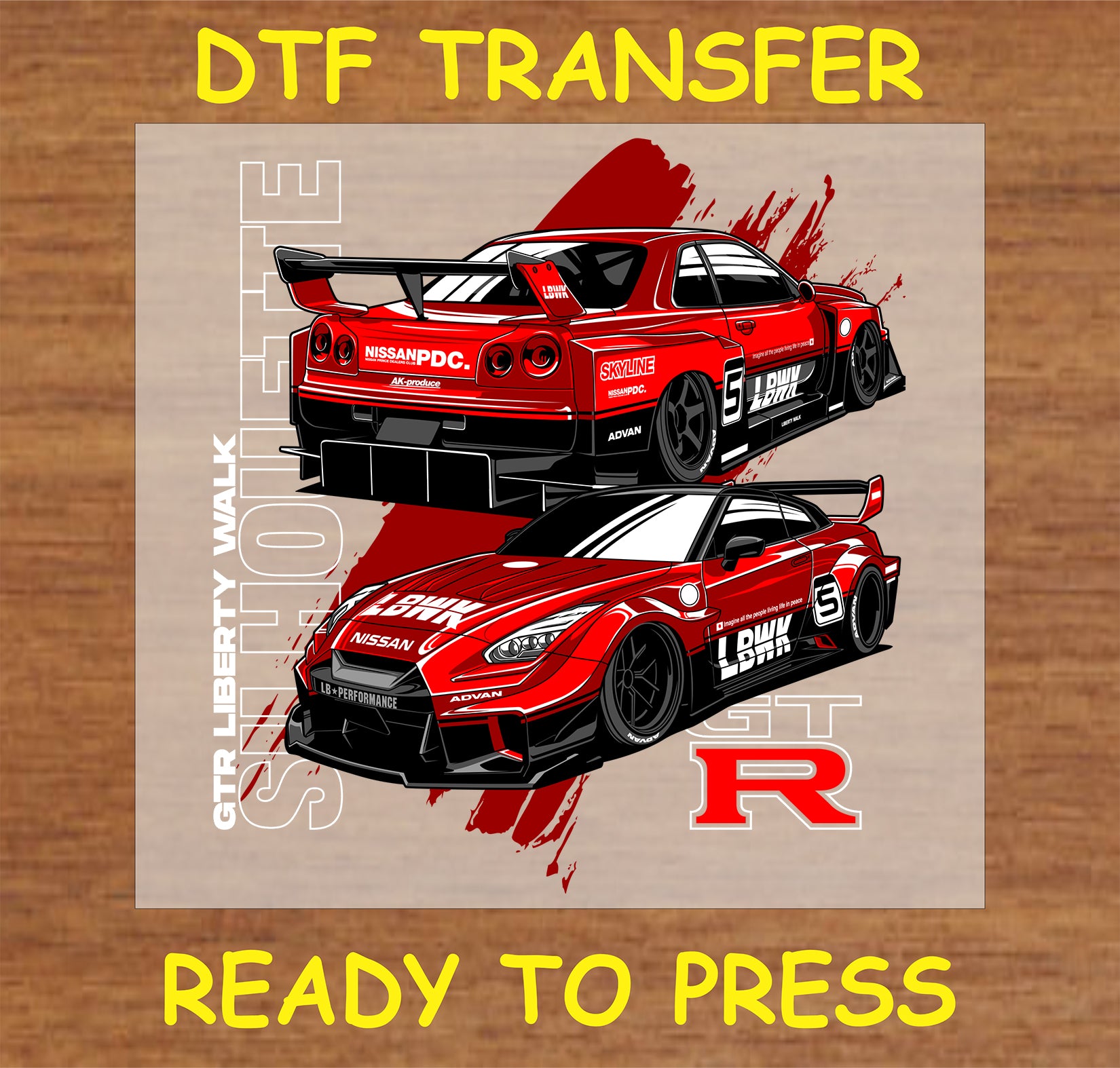 "DTF Transfer featuring bold GTR Liberty Walk car designs"