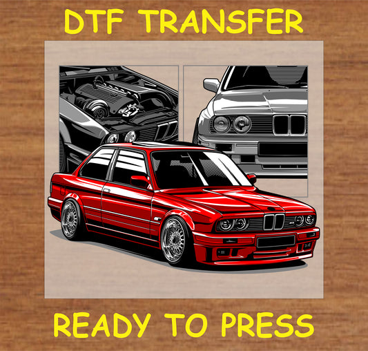 "DTF Transfer featuring a classic red car design"